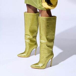 "DID YOU TALK ABOUT ME?" Elegant Gold Studded Heeled Boots